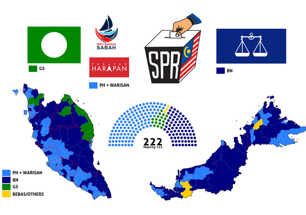 淺藍色的部分為希望聯盟取得多數的選區，深藍色則是國民陣線，綠色是伊斯蘭聯盟。