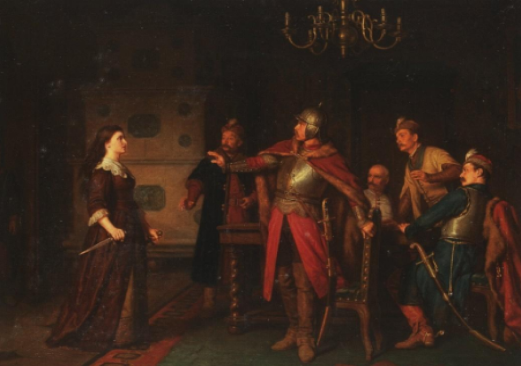 安娜‧朵蘿塔拿起短劍，威脅其丈夫薩穆爾不准向土耳其人投降，否則她就自殺。該畫作由日爾曼裔的波蘭畫家Leopold Loeffler所繪製