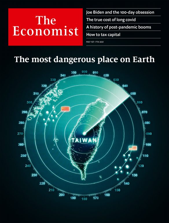 2021年4月末，經濟學人雜誌以台灣雷達圖為封面，兩邊散佈美、中軍艦的光點，象徵強權爭霸在台灣進行中。圖/經濟學人臉書專業