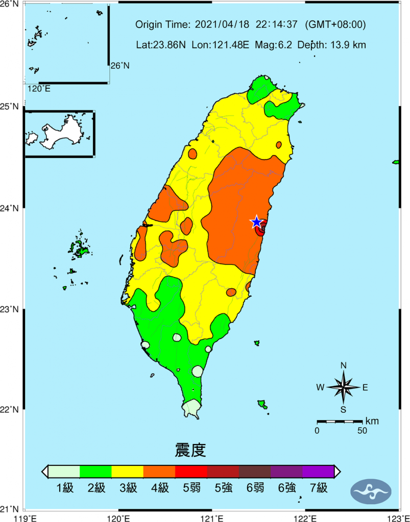 昨天花蓮連2起有感地震。 圖：取自中央氣象局網站