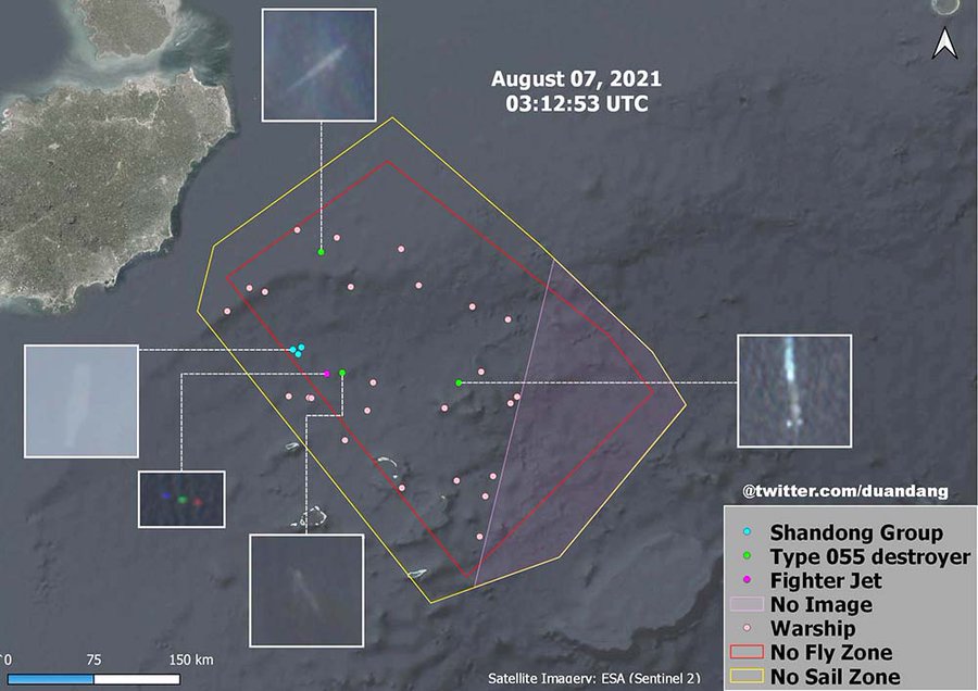 解放軍南海「10萬平方公里」大規模軍演，大陸首艘國產航母「山東號(CV-17)」與包括「055型」飛彈驅逐艦等20餘艘戰艦在劃定的演習區域「活動」。 圖：翻攝Duan Dang推特