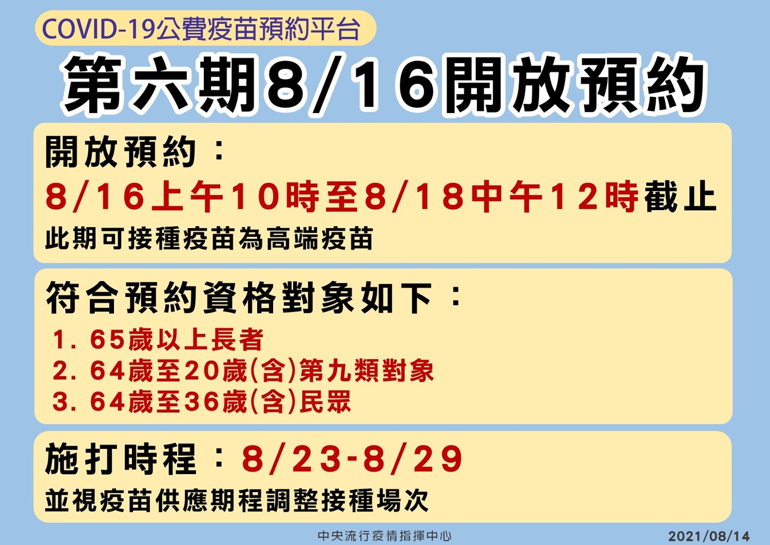 疫苗預約平台第六輪開放接種高端疫苗，3類對象可預約接種。   圖：中央流行疫情指揮中心／提供