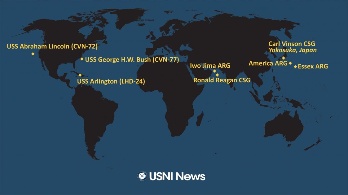 美國海軍學會新聞網(USNI)發布主要航艦及兩棲攻擊艦全球部署情形，西太平洋區域，有1艘航空母艦和2艘兩棲攻擊艦部署。 圖：翻攝USNI官網