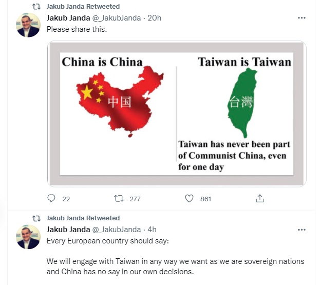 捷克智庫「歐洲價值安全政策中心」主任楊達指歐洲國家與台灣交往不容中國置喙 圖：翻攝自楊達推特