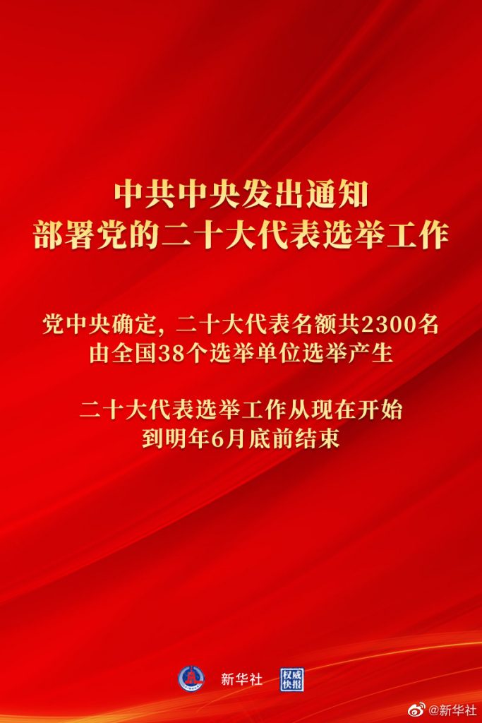 中共官媒《新華社》發布中共中央20大代表選舉通知。 圖：翻攝新華社