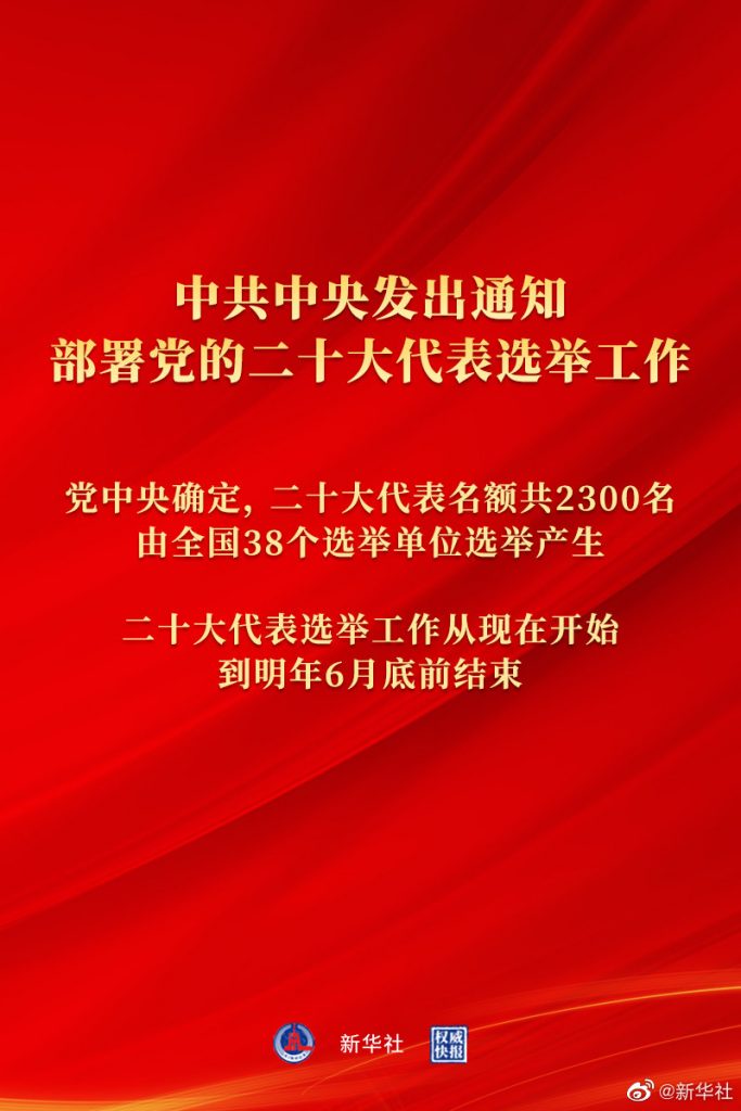 中共官媒《新華社》發布中共中央20大代表選舉通知。 圖：翻攝新華社
