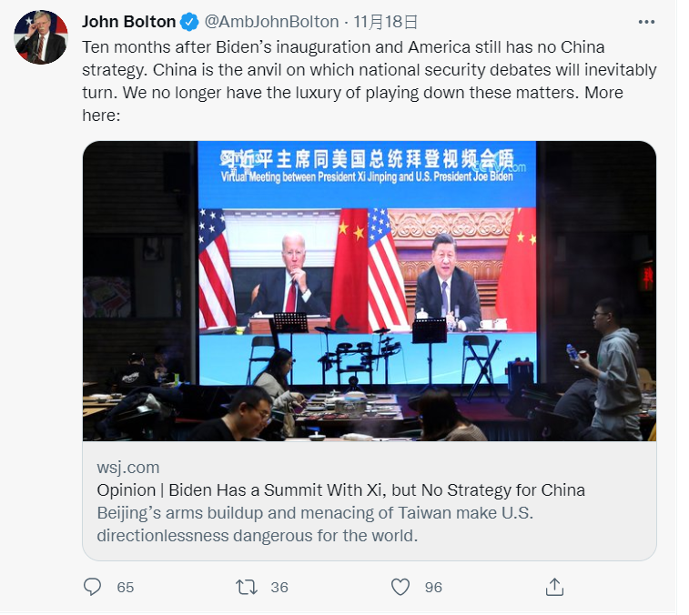 約翰·波頓(John Bolton)在《華爾街日報》上刊出一篇評論，猛烈抨擊拜登缺乏遏制中國的有效戰略。 圖 : 翻攝自推特