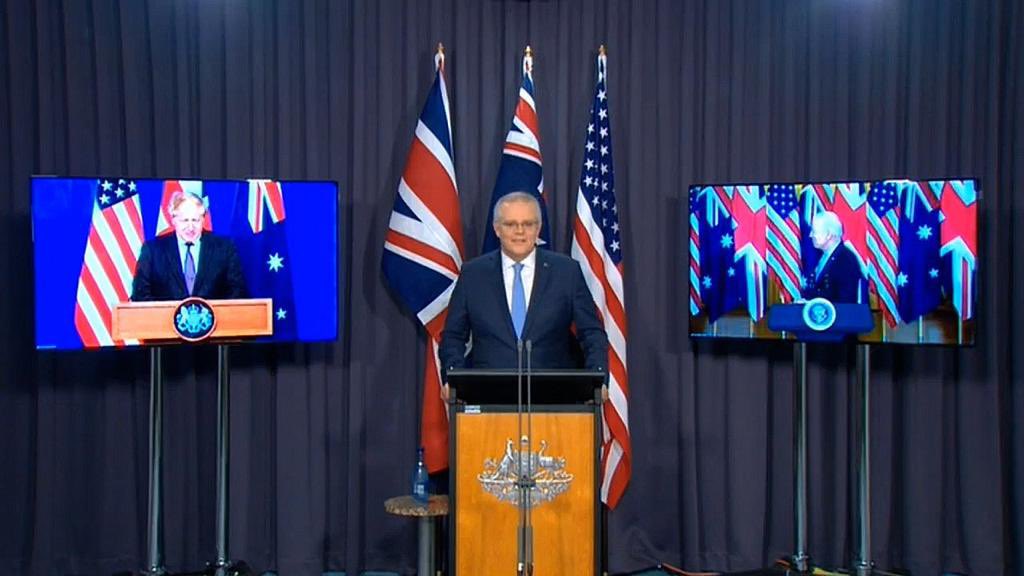 澳大利亞總理莫里森與美英兩國領袖視訊會議。 圖：翻攝自莫里森推特