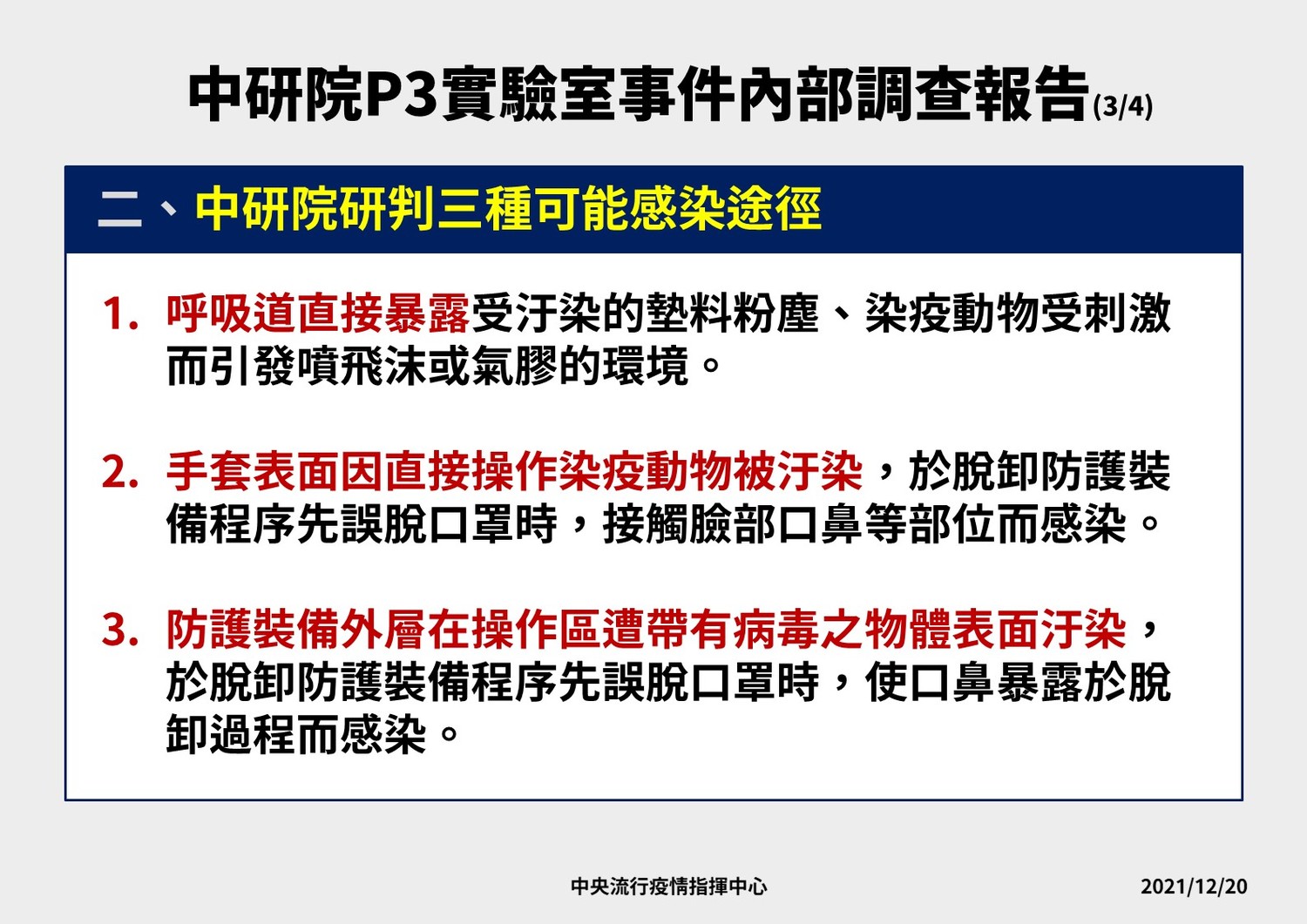 中央研究院P3前實驗室人員確診，3種可能感染途徑。   圖：中央流行疫情指揮中心/提供