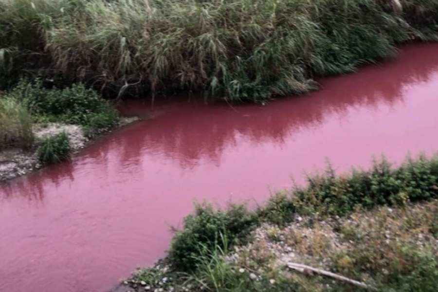 雲林縣斗六市郊虎尾溪6日下午被人發現遭汙水染成「紅色多瑙河」。 圖：翻攝斗六人社交圈